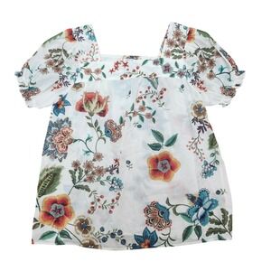 Johnny Was Floral Print Ardell Ekru Top Square Neck Puff Sleeve Blouse Women's M